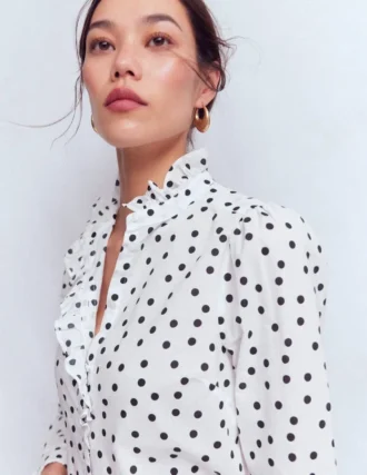 Isabel Ruffle Cotton Shirt Navy and Ivory, Painted Dot