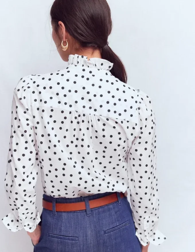 Isabel Ruffle Cotton Shirt Navy and Ivory, Painted Dot Isabel Ruffle Cotton Shirt Navy and Ivory, Painted Dot