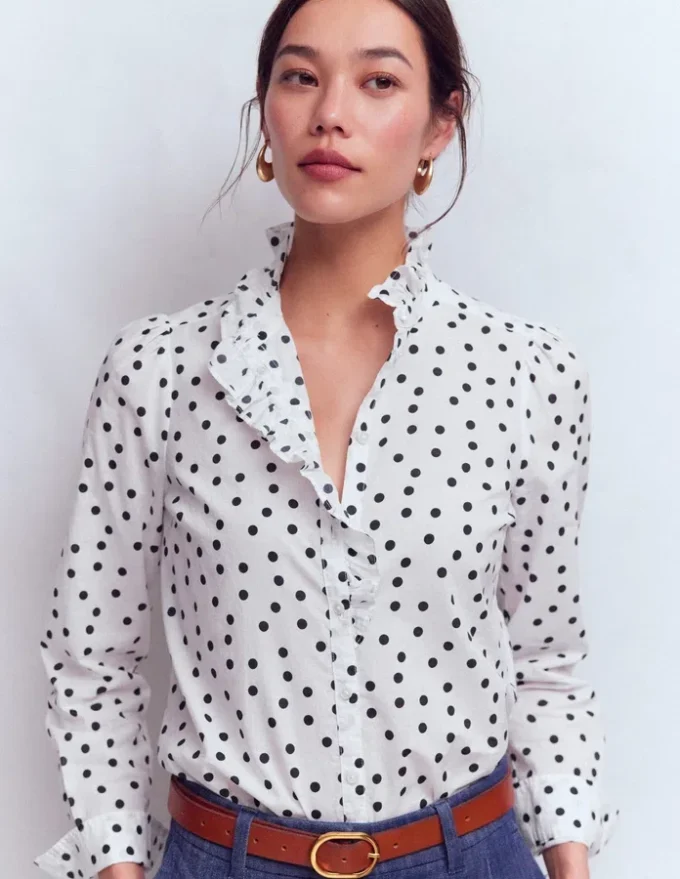 Isabel Ruffle Cotton Shirt Navy and Ivory, Painted Dot Isabel Ruffle Cotton Shirt Navy and Ivory, Painted Dot