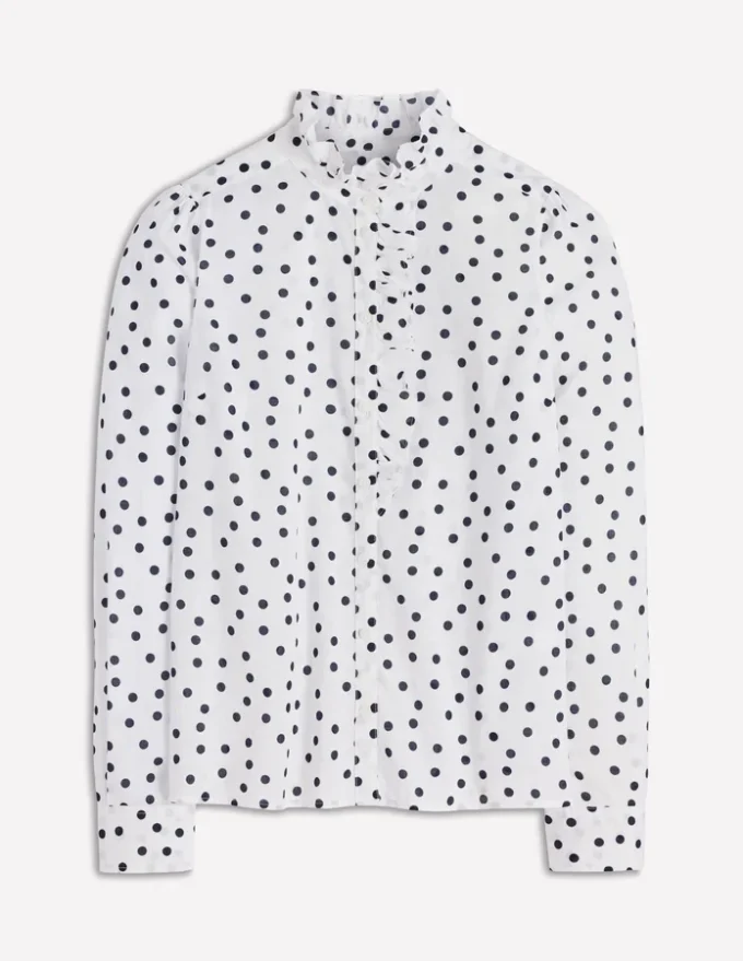 Isabel Ruffle Cotton Shirt Navy and Ivory, Painted Dot Isabel Ruffle Cotton Shirt Navy and Ivory, Painted Dot