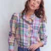 Isabel Ruffle Linen Shirt Blue, Pink and Green Madras Isabel Ruffle Linen Shirt Blue, Pink and Green Madras