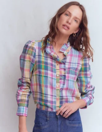 Isabel Ruffle Linen Shirt Blue, Pink and Green Madras