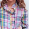 Isabel Ruffle Linen Shirt Blue, Pink and Green Madras Isabel Ruffle Linen Shirt Blue, Pink and Green Madras