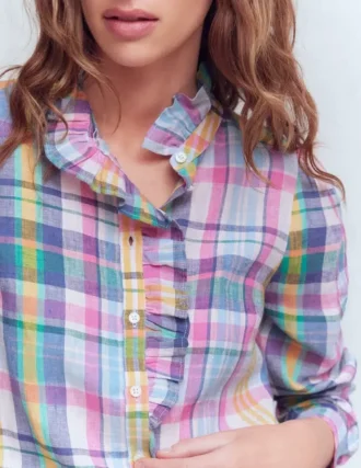Isabel Ruffle Linen Shirt Blue, Pink and Green Madras