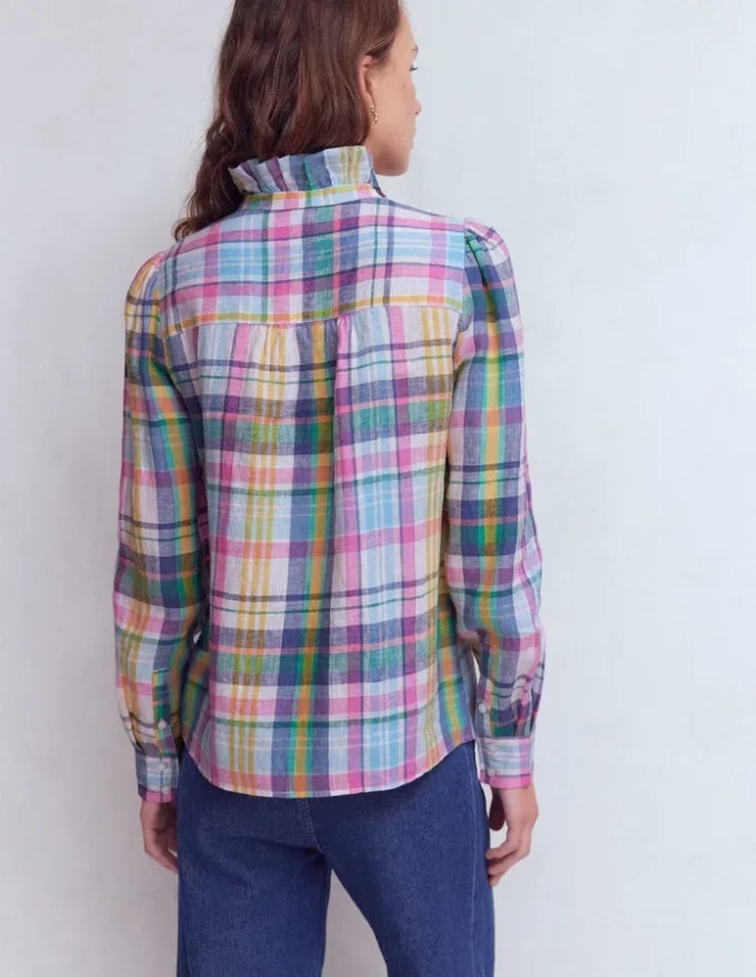 Isabel Ruffle Linen Shirt Blue, Pink and Green Madras Isabel Ruffle Linen Shirt Blue, Pink and Green Madras