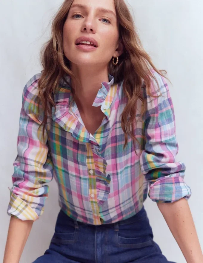 Isabel Ruffle Linen Shirt Blue, Pink and Green Madras Isabel Ruffle Linen Shirt Blue, Pink and Green Madras