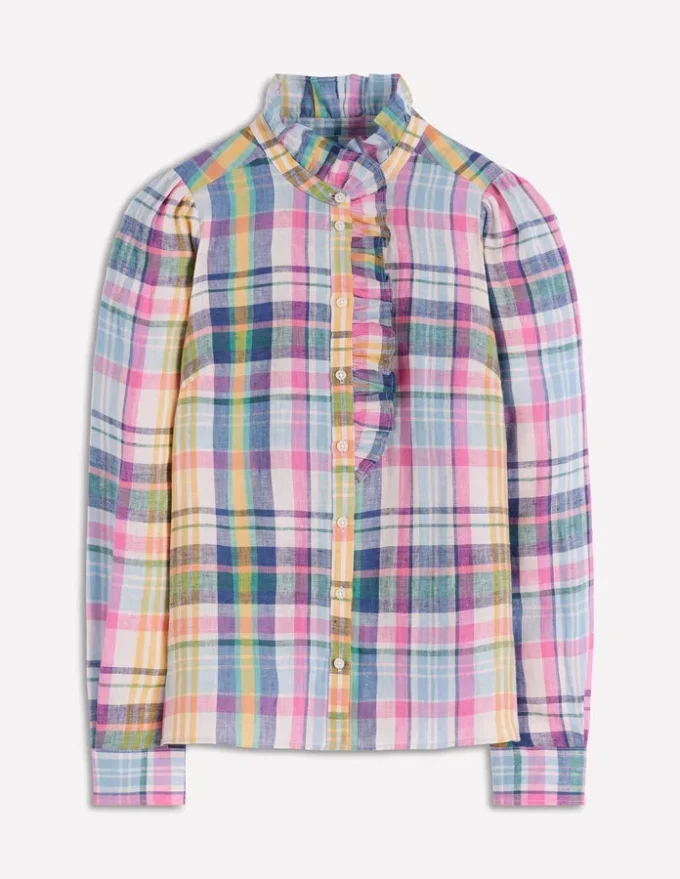 Isabel Ruffle Linen Shirt Blue, Pink and Green Madras Isabel Ruffle Linen Shirt Blue, Pink and Green Madras