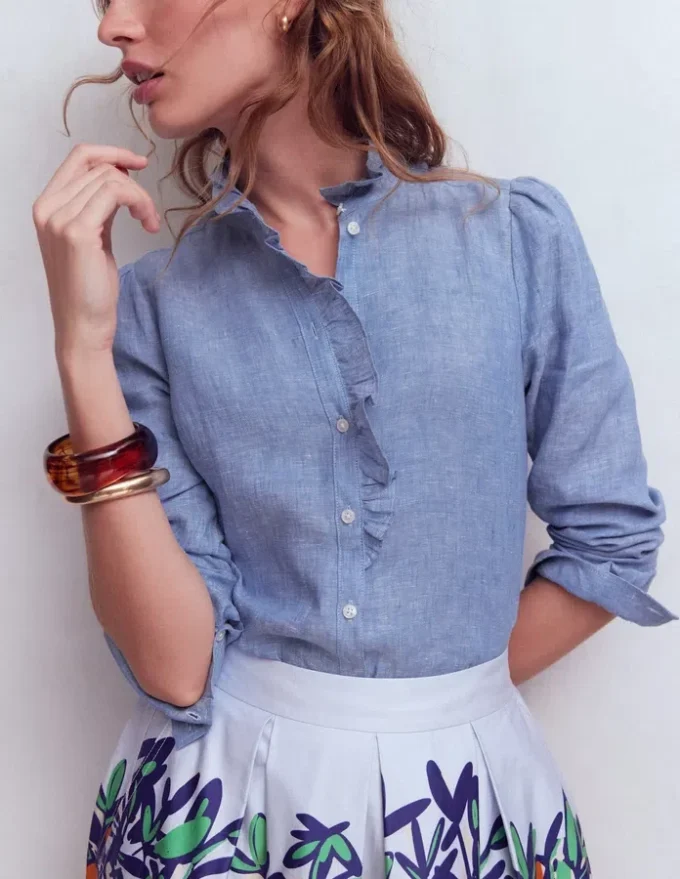 Isabel Ruffle Linen Shirt Chambray Isabel Ruffle Linen Shirt Chambray