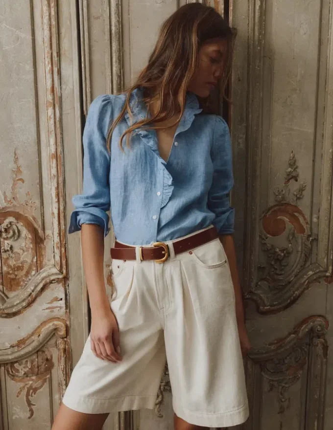 Isabel Ruffle Linen Shirt Chambray Isabel Ruffle Linen Shirt Chambray