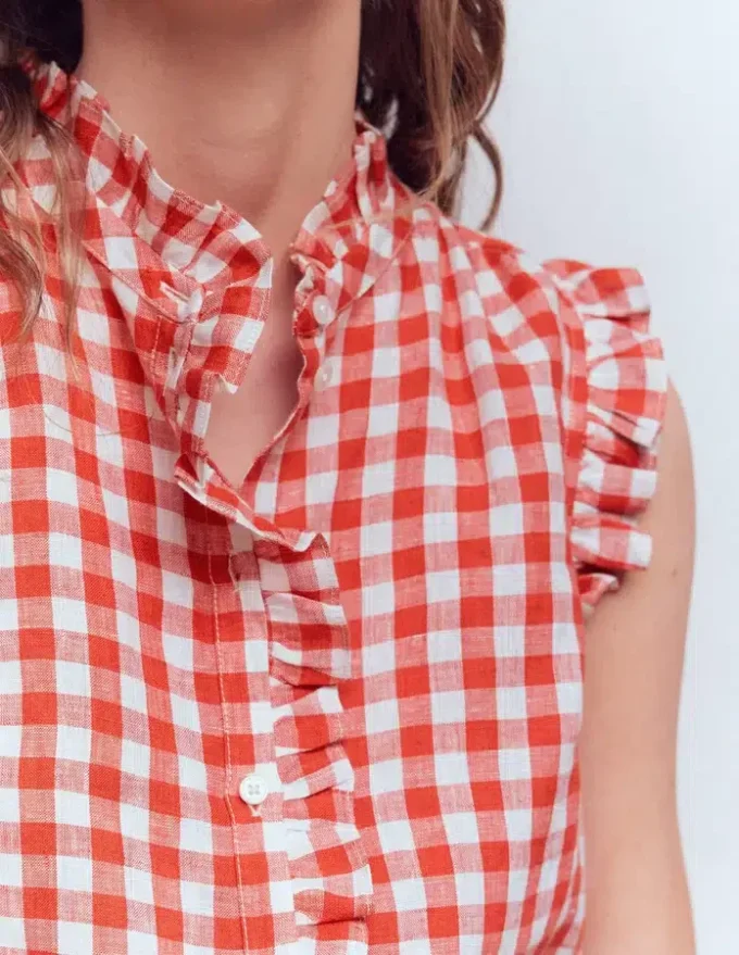 Isabel Sleeveless Linen Top Burnt Red Gingham Isabel Sleeveless Linen Top Burnt Red Gingham