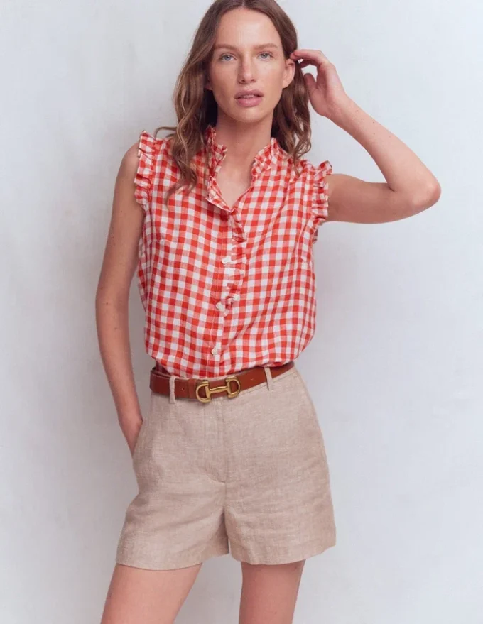 Isabel Sleeveless Linen Top Burnt Red Gingham Isabel Sleeveless Linen Top Burnt Red Gingham