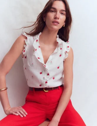 Isabel Sleeveless Linen Top Floral Embroidery