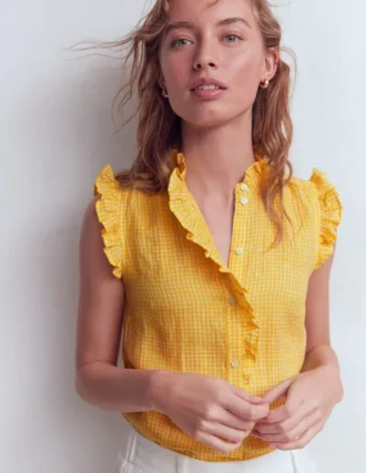 Isabel Sleeveless Linen Top French Marigold Micro Gingham