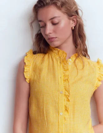Isabel Sleeveless Linen Top French Marigold Micro Gingham