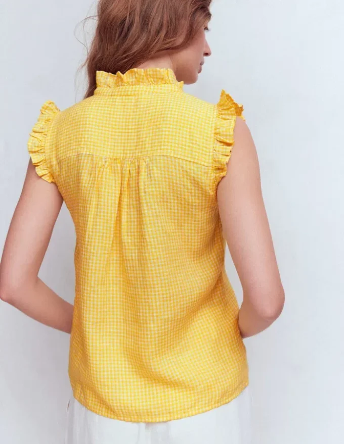 Isabel Sleeveless Linen Top French Marigold Micro Gingham Isabel Sleeveless Linen Top French Marigold Micro Gingham