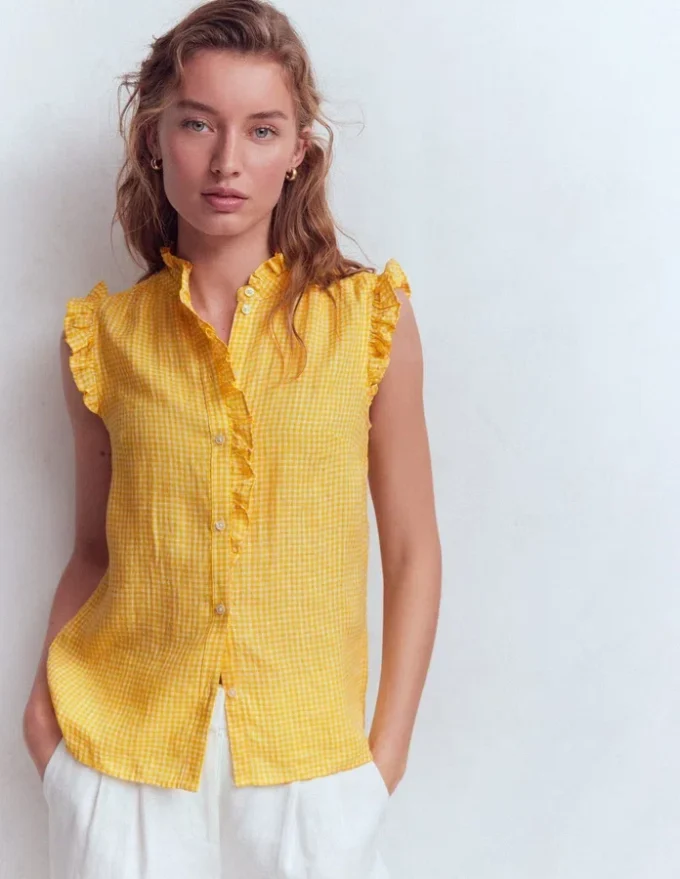 Isabel Sleeveless Linen Top French Marigold Micro Gingham Isabel Sleeveless Linen Top French Marigold Micro Gingham