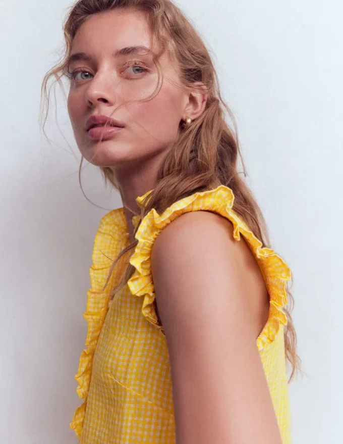 Isabel Sleeveless Linen Top French Marigold Micro Gingham Isabel Sleeveless Linen Top French Marigold Micro Gingham