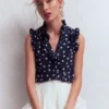 Isabel Sleeveless Silk Top French Navy, Painted Dot Isabel Sleeveless Silk Top French Navy, Painted Dot