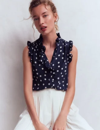 Isabel Sleeveless Silk Top French Navy, Painted Dot