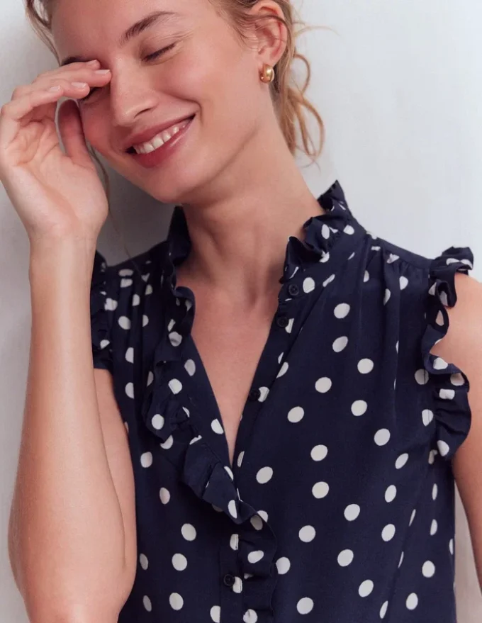Isabel Sleeveless Silk Top French Navy, Painted Dot Isabel Sleeveless Silk Top French Navy, Painted Dot