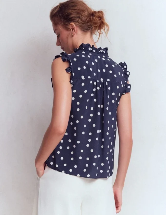 Isabel Sleeveless Silk Top French Navy, Painted Dot Isabel Sleeveless Silk Top French Navy, Painted Dot