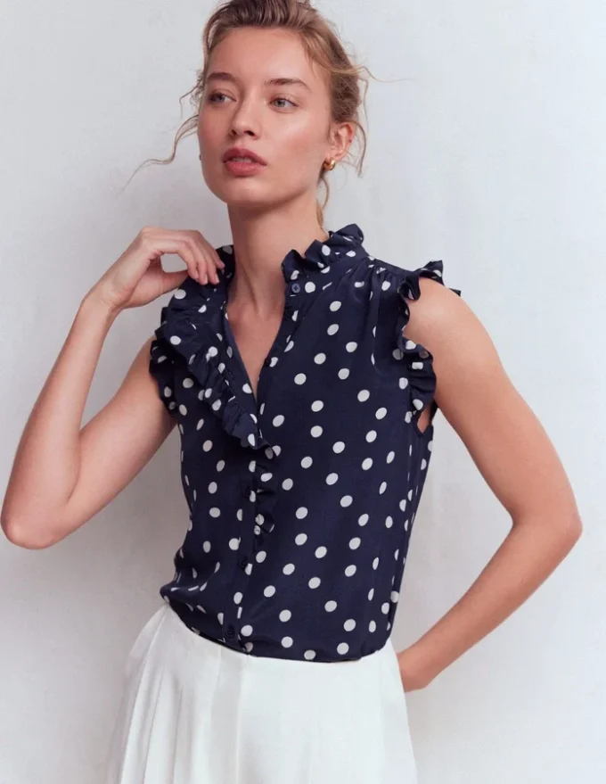 Isabel Sleeveless Silk Top French Navy, Painted Dot Isabel Sleeveless Silk Top French Navy, Painted Dot