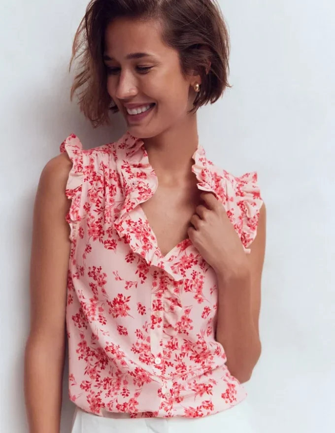 Isabel Sleeveless Silk Top Pink, Bloom Scatter Mono Isabel Sleeveless Silk Top Pink, Bloom Scatter Mono