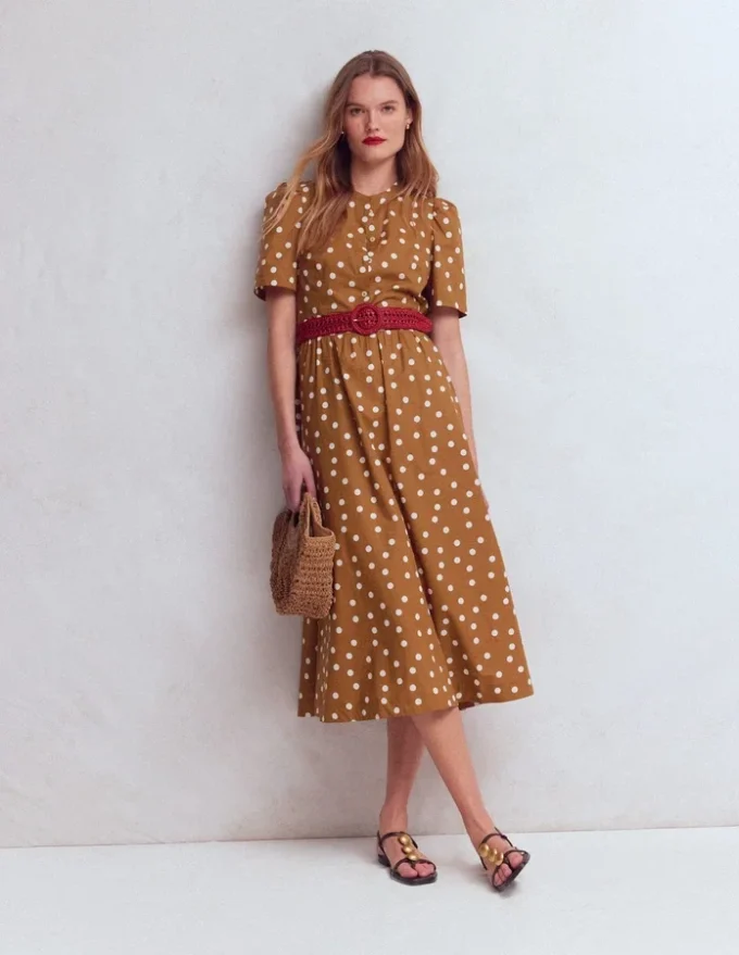 Ivy Cotton Midi Dress Brown Painted Dot Spaced Ivy Cotton Midi Dress Brown Painted Dot Spaced