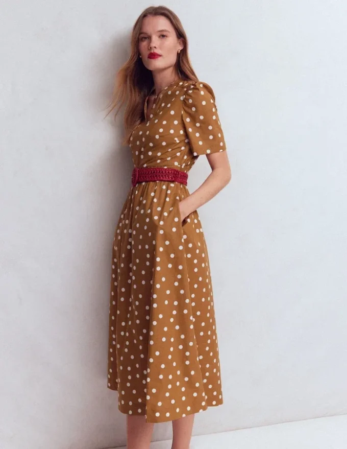 Ivy Cotton Midi Dress Brown Painted Dot Spaced Ivy Cotton Midi Dress Brown Painted Dot Spaced
