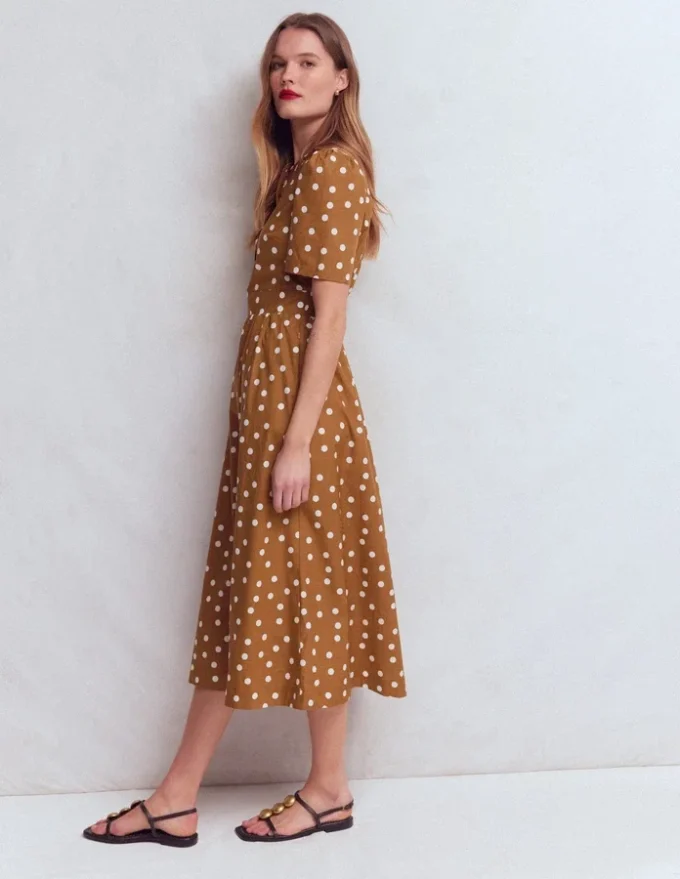 Ivy Cotton Midi Dress Brown Painted Dot Spaced Ivy Cotton Midi Dress Brown Painted Dot Spaced