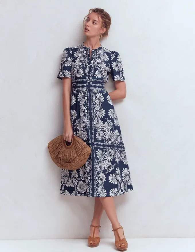Ivy Cotton Midi Dress French Navy Botanical Charm Ivy Cotton Midi Dress French Navy Botanical Charm