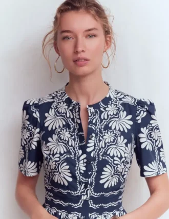 Ivy Cotton Midi Dress French Navy Botanical Charm
