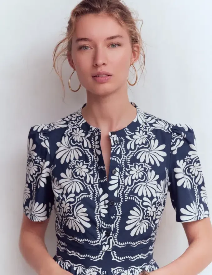 Ivy Cotton Midi Dress French Navy Botanical Charm Ivy Cotton Midi Dress French Navy Botanical Charm