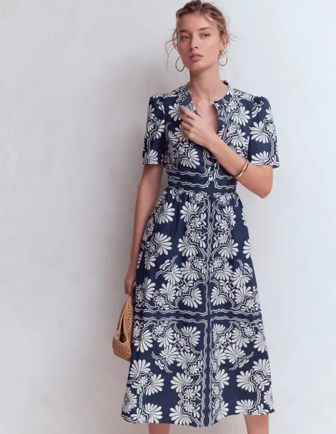 Ivy Cotton Midi Dress French Navy Botanical Charm Ivy Cotton Midi Dress French Navy Botanical Charm