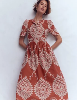 Ivy Cotton Midi Dress Rust Embroidery