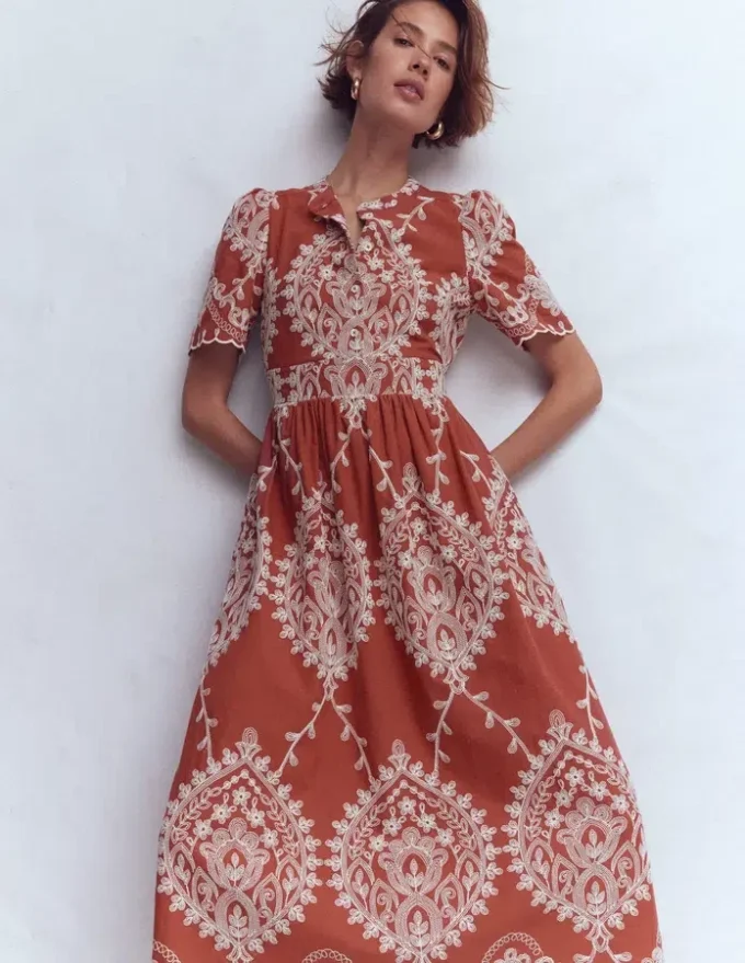 Ivy Cotton Midi Dress Rust Embroidery Ivy Cotton Midi Dress Rust Embroidery