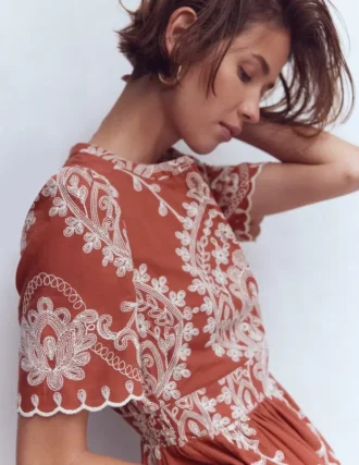 Ivy Cotton Midi Dress Rust Embroidery