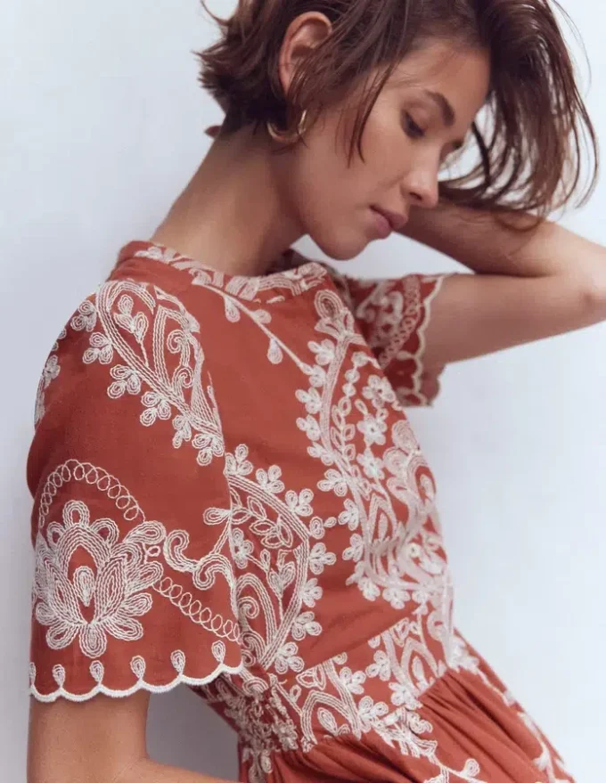Ivy Cotton Midi Dress Rust Embroidery Ivy Cotton Midi Dress Rust Embroidery