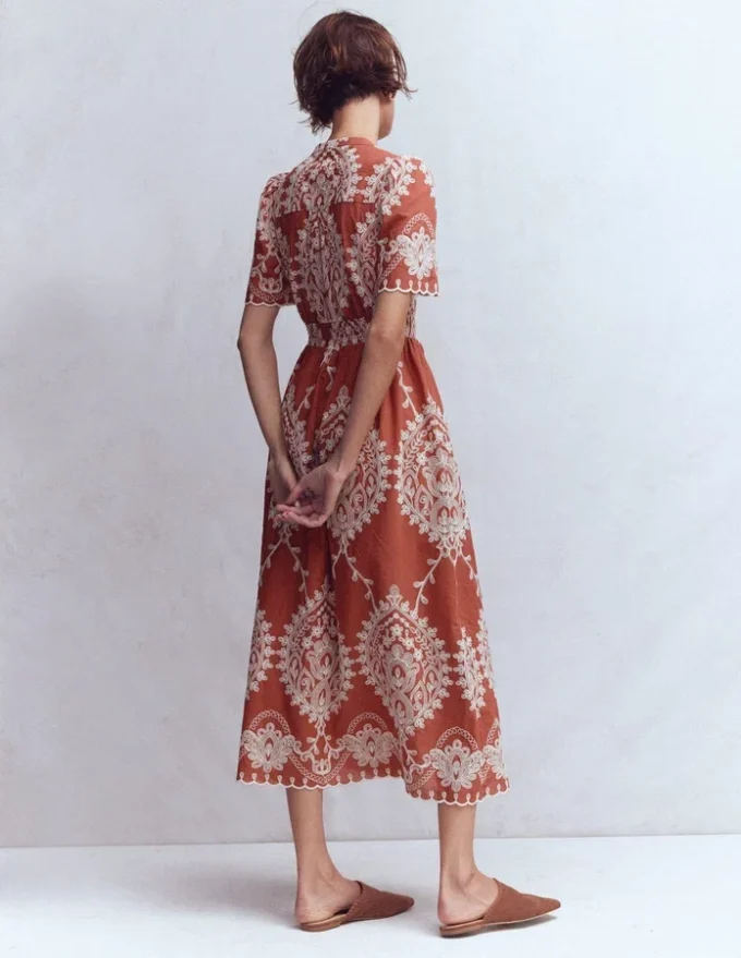 Ivy Cotton Midi Dress Rust Embroidery Ivy Cotton Midi Dress Rust Embroidery