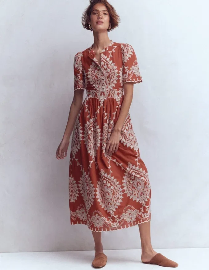 Ivy Cotton Midi Dress Rust Embroidery Ivy Cotton Midi Dress Rust Embroidery