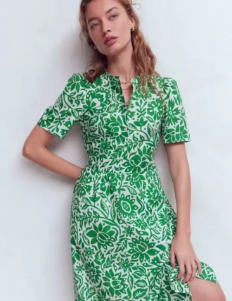 Ivy Cotton Midi Dress Verdant Green, Meadow Scatter