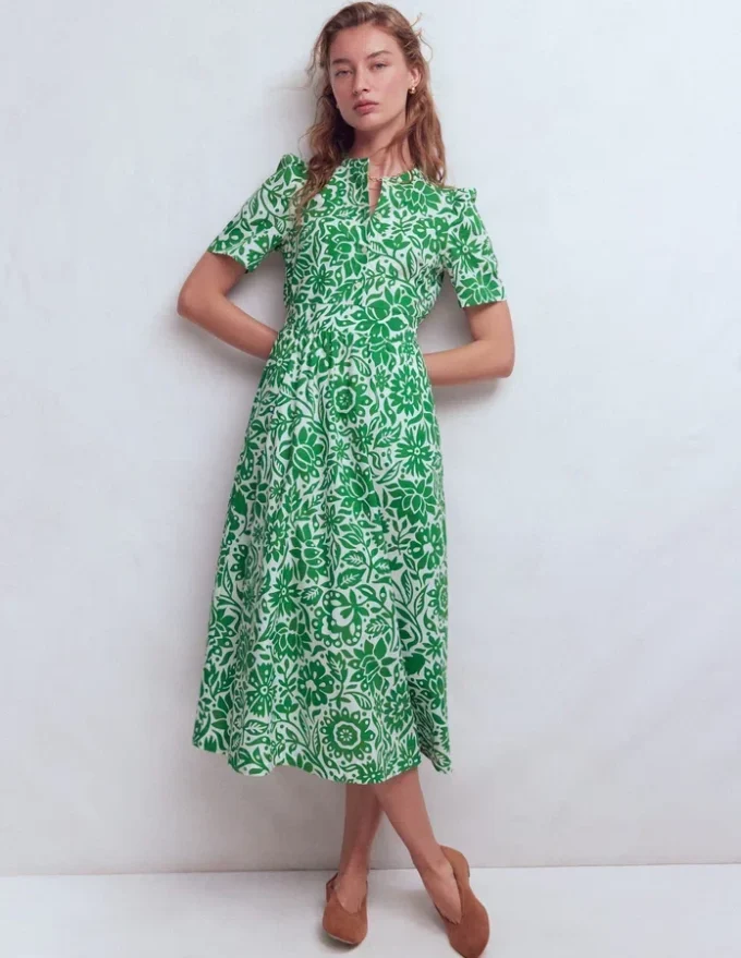 Ivy Cotton Midi Dress Verdant Green, Meadow Scatter Ivy Cotton Midi Dress Verdant Green, Meadow Scatter