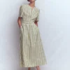 Ivy Linen Midi Dress Olive, Ivory Stripe Ivy Linen Midi Dress Olive, Ivory Stripe