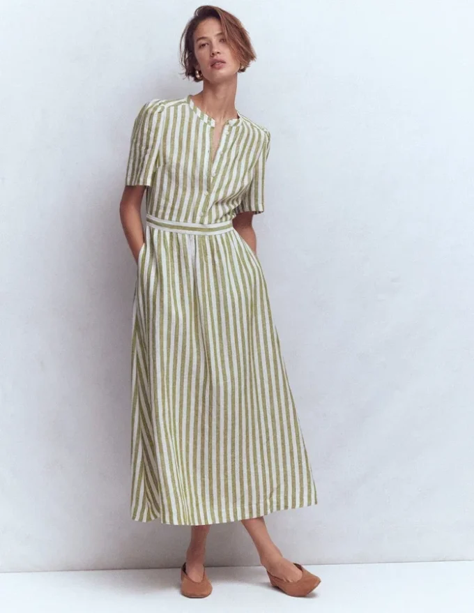 Ivy Linen Midi Dress Olive, Ivory Stripe Ivy Linen Midi Dress Olive, Ivory Stripe