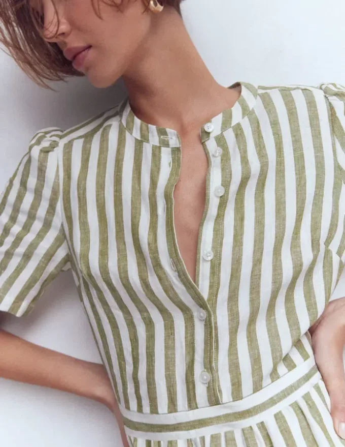 Ivy Linen Midi Dress Olive, Ivory Stripe Ivy Linen Midi Dress Olive, Ivory Stripe