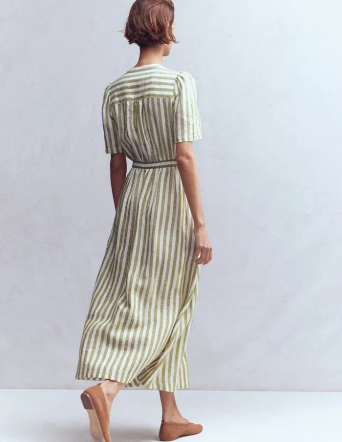 Ivy Linen Midi Dress Olive, Ivory Stripe Ivy Linen Midi Dress Olive, Ivory Stripe