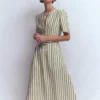 Ivy Linen Midi Dress Olive, Ivory Stripe Ivy Linen Midi Dress Olive, Ivory Stripe