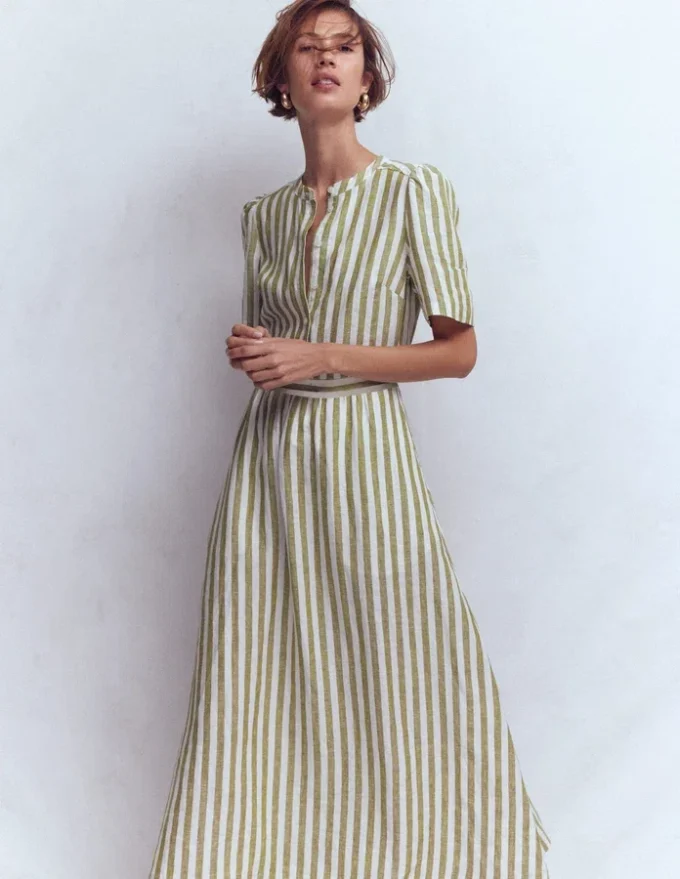Ivy Linen Midi Dress Olive, Ivory Stripe Ivy Linen Midi Dress Olive, Ivory Stripe
