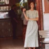 Ivy Linen Midi Dress Olive, Ivory Stripe Ivy Linen Midi Dress Olive, Ivory Stripe