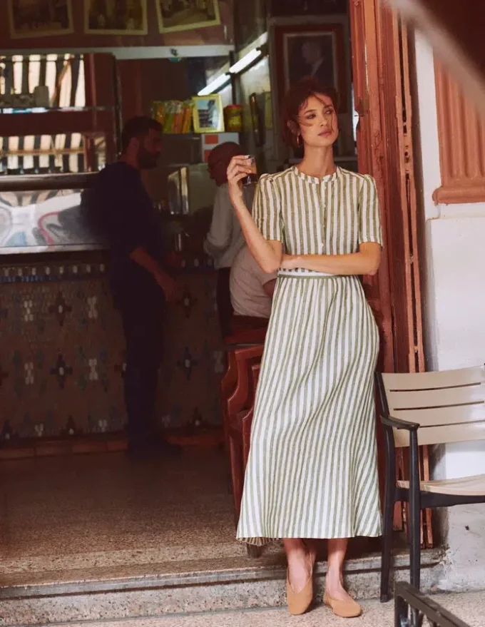 Ivy Linen Midi Dress Olive, Ivory Stripe Ivy Linen Midi Dress Olive, Ivory Stripe